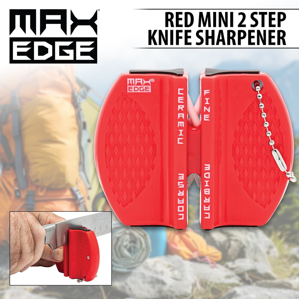 Full image of the Max Edge Red Mini 2 Step Knife Sharpener. image number 0